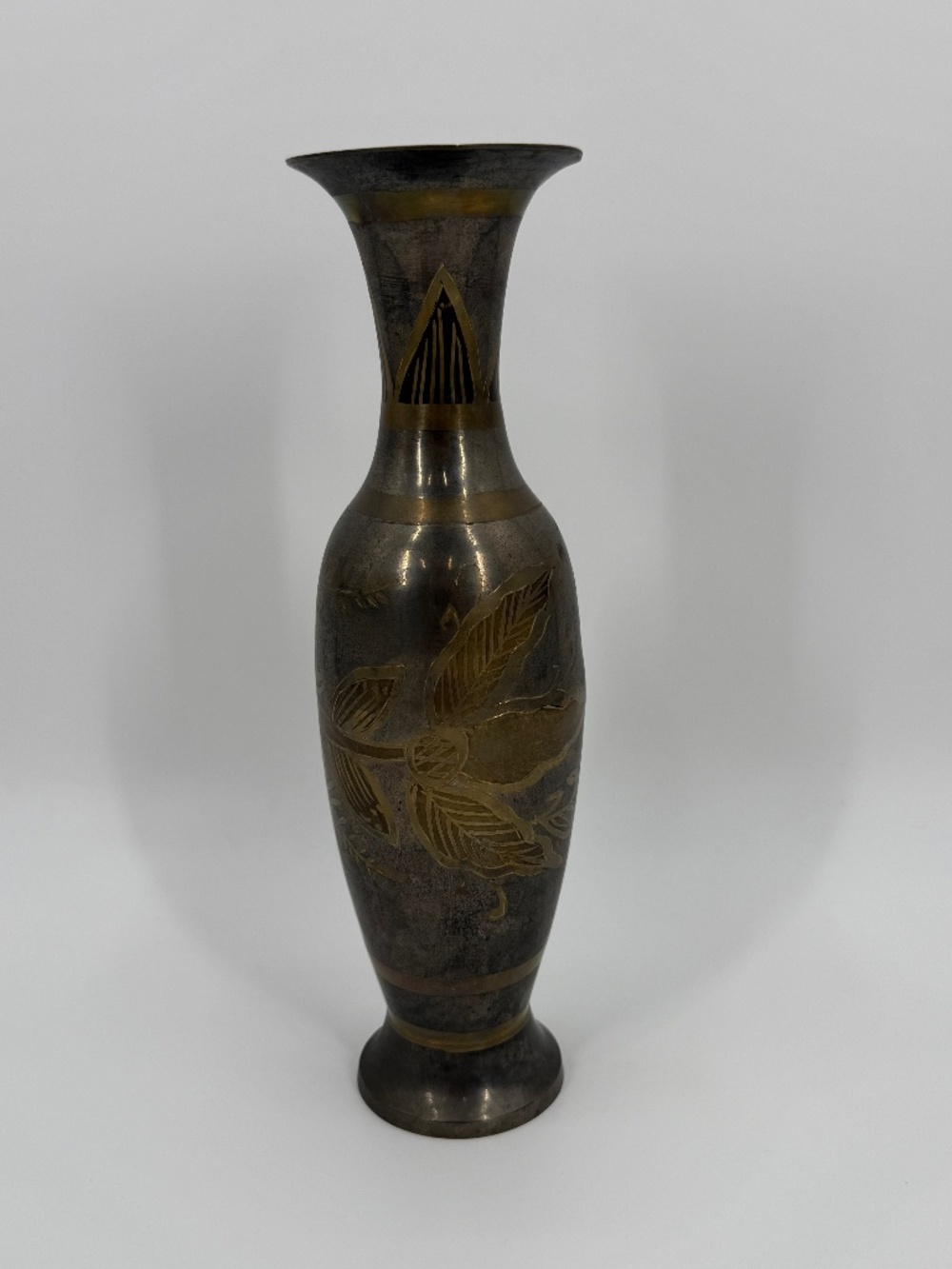 Vintage Brass Vase Etched Floral Leaf Pattern Made in India 12 Inch Dark Patina